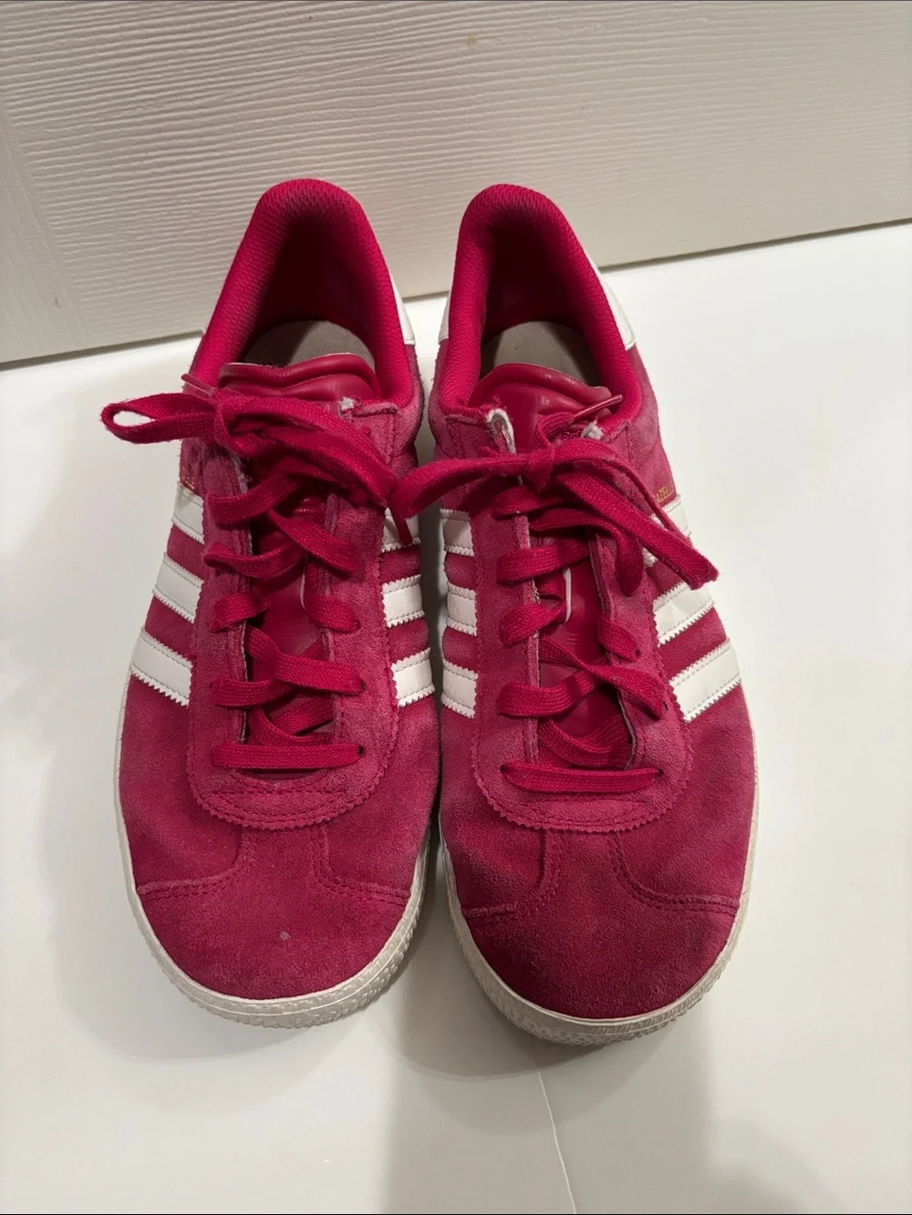 adidas Men’s Fuchsia Suede Gazelle Sneakers with White Stripes